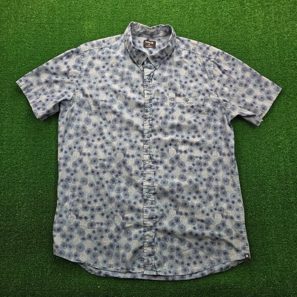 Hurley Shirt Mens XL Blue Dot AOP Button Up Short‎ Sleeve Hawaiian Beach Casual - Picture 1 of 8